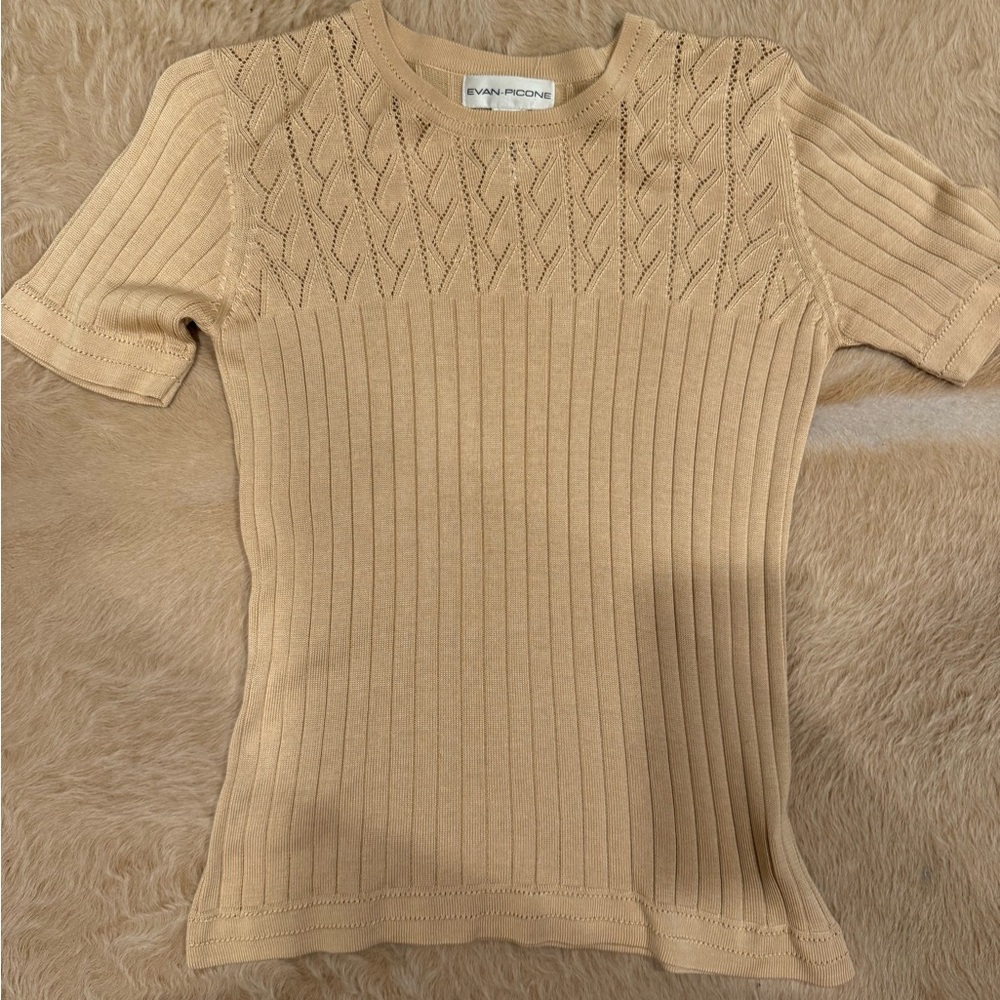 Evan Picone Short Sleeve Ribbed Silk Top in Light Beige